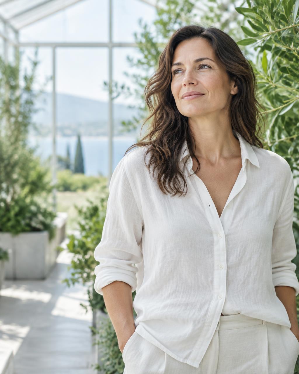 A woman enjoying a quiet moment in a light-filled garden